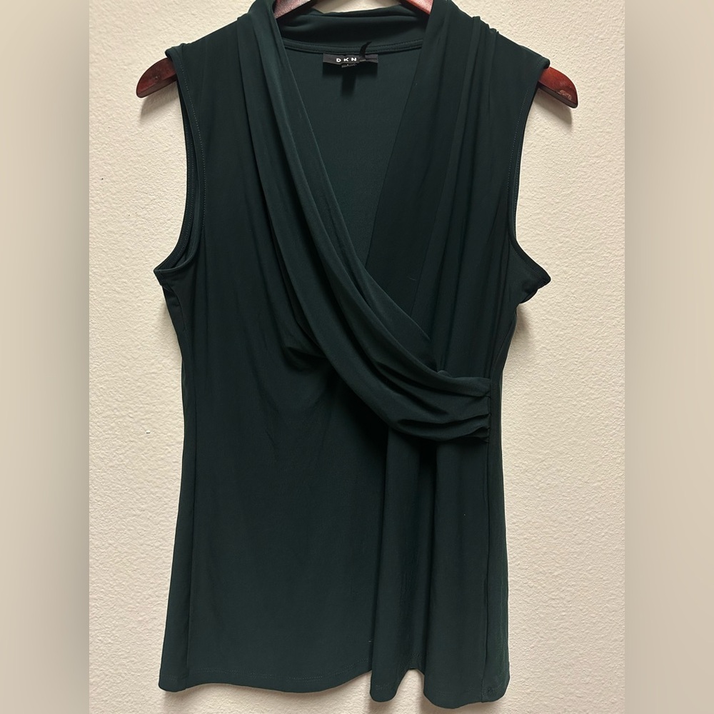 DKNY Dark Green Sleeveless Draped Faux-Wrap Blouse